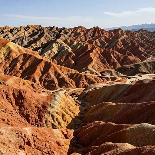 Photograph of a sunlit, rugged desert landscape with vibrant, multicolored red, orange, and brown hills under a clear blue sky.