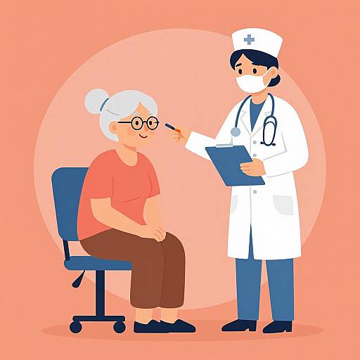 Illustration of an elderly woman with white hair, glasses, and red shirt sitting on a chair, being examined by a male doctor in a white coat
