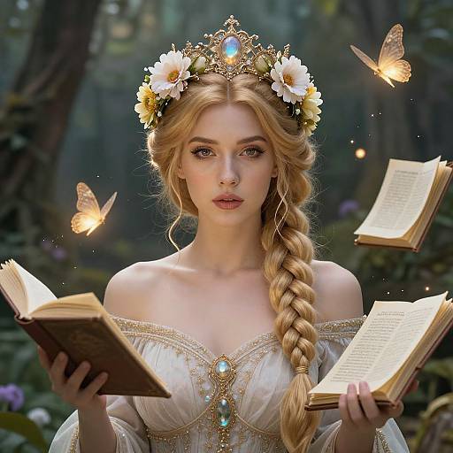 Digital fantasy artwork of a fair-skinned, blonde princess with a flower crown, braided hair, glowing blue gem, off-shoulder gown,