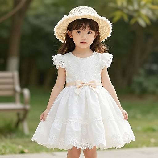 Photograph of an Asian young girl with straight brown hair, wearing a white lace dress, beige straw hat, and standing in a sunlit, green