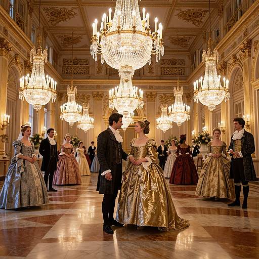 Photograph of a grand ballroom with opulent chandeliers, dressed guests in elaborate, Victorian-style gowns and suits, in a luxurious,