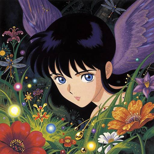 Digital anime-style artwork of a fair-skinned girl with blue eyes, black hair, and purple wings, surrounded by vibrant flowers, glowing lights, and