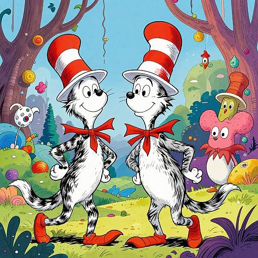 Colorful illustration of two anthropomorphic black-and-white cats with red-and-white striped hats and red neckerchiefs, standing in a whimsical forest