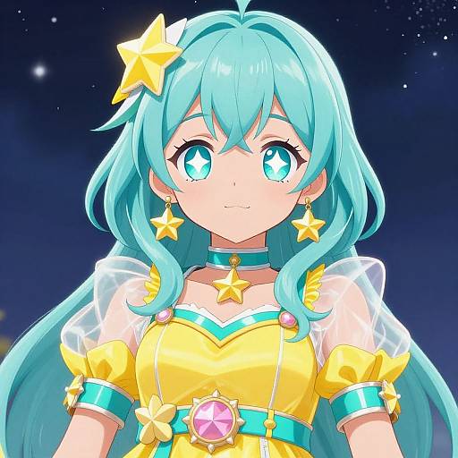 Digital anime-style drawing of a cute girl with long turquoise hair, large blue eyes, wearing a yellow star-themed dress, yellow star earrings, and a