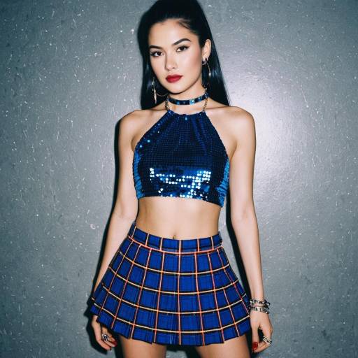 Glam Rock Woman in Blue Sequined Crop Top and Tartan Skirt