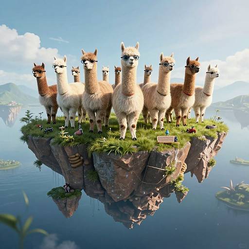 Digital art of nine alpacas with varied brown and white fur standing on a floating grassy island above a reflective lake.