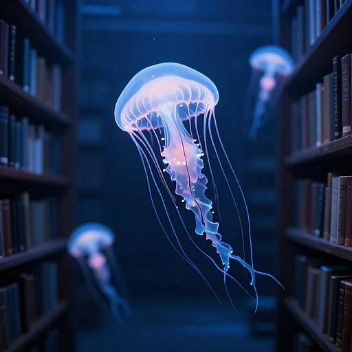 Photograph of glowing blue jellyfish floating between dark, wooden bookshelves, creating a surreal, ethereal library scene.