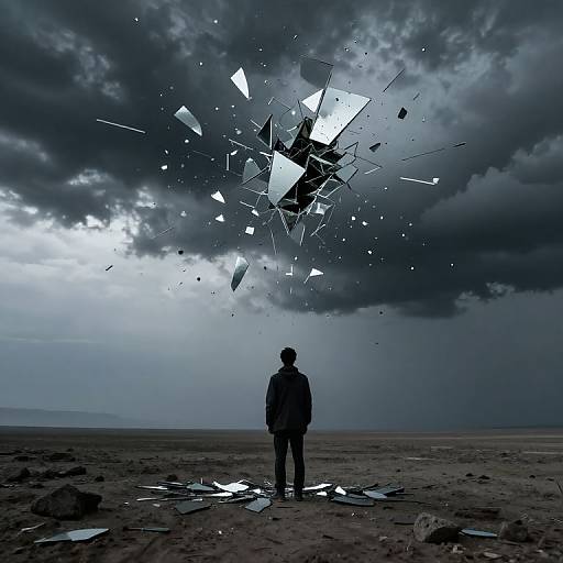 Silhouetted man stands on desolate beach, gazing at a sky filled with shattered glass fragments amidst dark, stormy clouds. Photoreal
