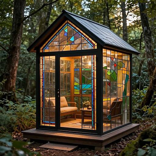 Photograph of a colorful stained-glass, wooden gazebo with warm light inside, set in a lush, forested area at sunset.
