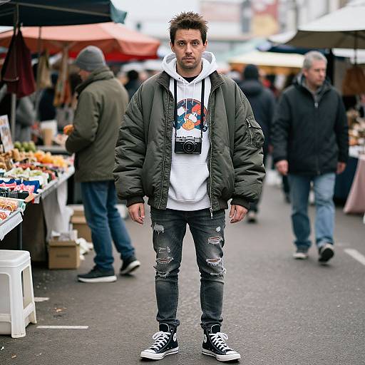 Photograph of a man with spiked hair, beard, wearing a green jacket, white hoodie, camera necklace, ripped jeans, and black sneakers, standing