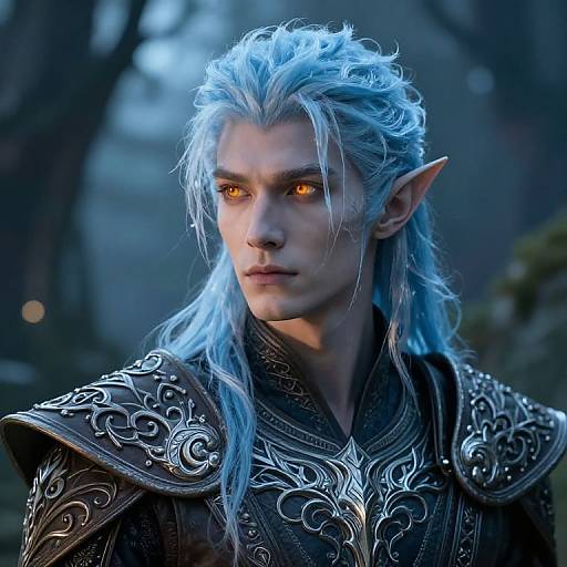 Digital art of a silver-haired, elf-like male with glowing orange eyes, wearing ornate, dark armor, set in a mystical forest.