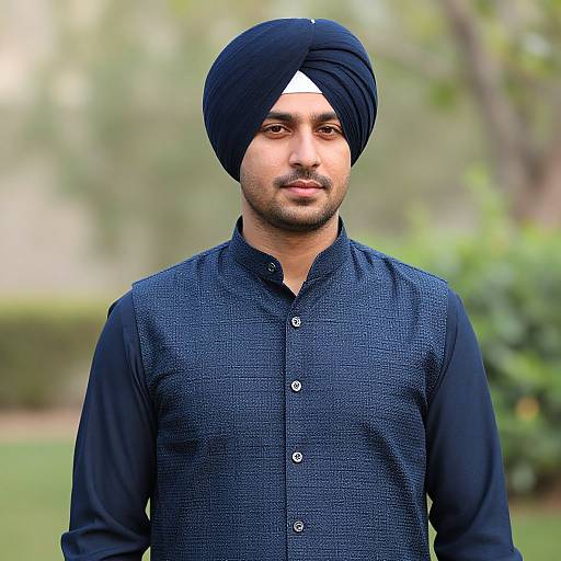 Photograph of a man with medium skin tone, wearing a black turban and matching dark blue textured button-up shirt, standing outdoors against a blurred green