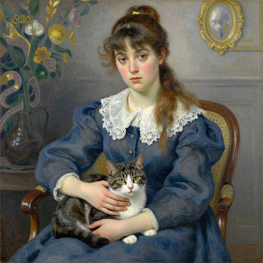Painting of a young woman with fair skin and brown hair, wearing a blue Victorian dress with white lace collar, sitting in an ornate chair,