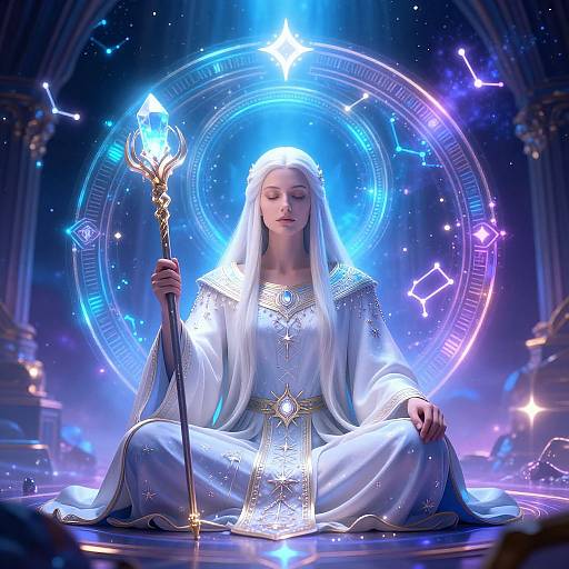 Digital art of a serene, white-haired woman in a glowing, star-embellished robe, holding a radiant trident, seated on a celestial