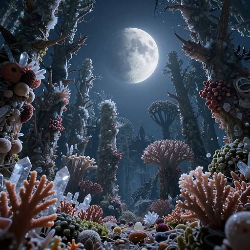 Digital artwork of a vibrant, moonlit underwater coral reef with glowing corals, diverse sea plants, and a full moon in the dark blue ocean sky
