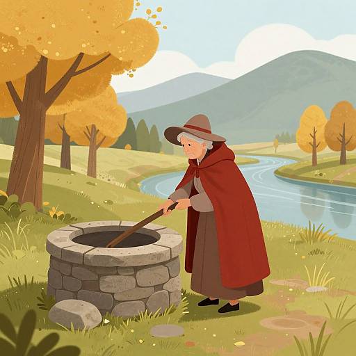 Cartoon-style illustration of an elderly man with a red cloak and hat, drawing water from a stone well in a sunny autumn landscape with a winding river