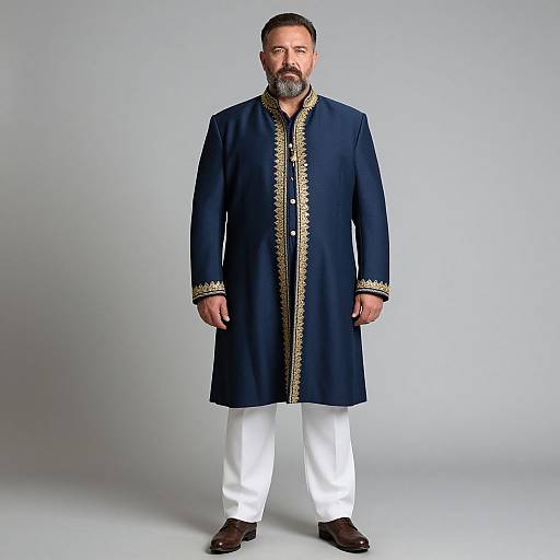 Photograph of a bearded man in a navy blue, long-sleeved, embroidered traditional tunic, white pants, and brown shoes, standing