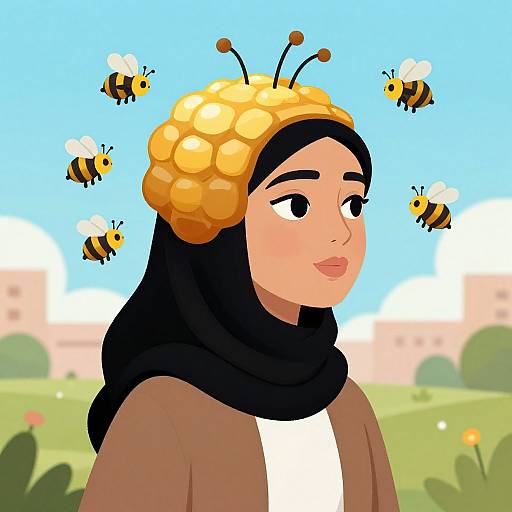 Digital drawing of a woman with a honeycomb bee hat, black hijab, brown top, surrounded by bees, in a sunny, green field.