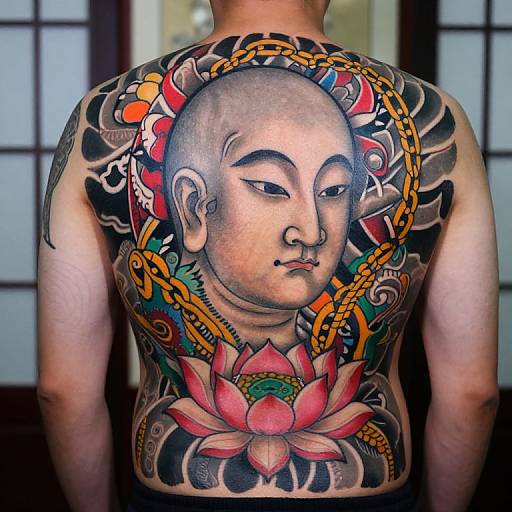 Tattooed Asian male back featuring a detailed, colorful Buddha face with chains, lotus flower, and vibrant traditional Japanese tattoo style.