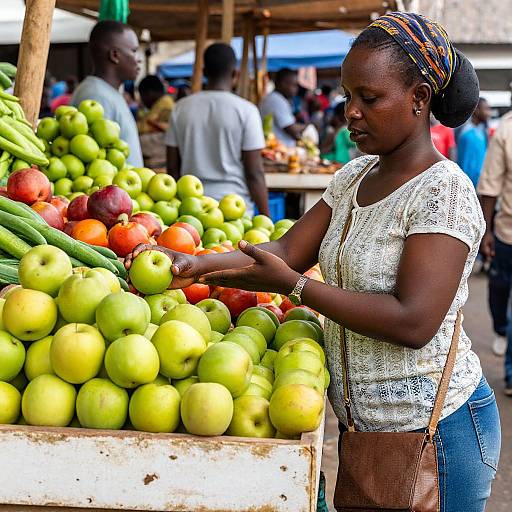 Photograph of a Black woman with braided hair in a white lace top, selecting green apples at a vibrant outdoor market.