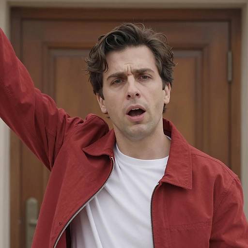 Man in Red Jacket Raising Arm