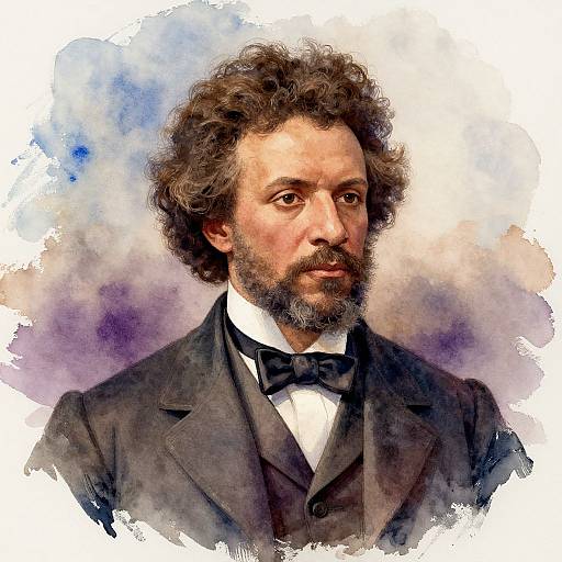 Photorealistic digital portrait of a curly-haired, bearded man with intense gaze, wearing a black suit and bow tie, against a watercolor-style