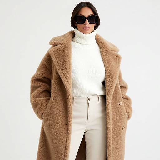 Photograph of a stylish woman with short black hair, wearing large black sunglasses, a white turtleneck, and a beige fur coat, paired with
