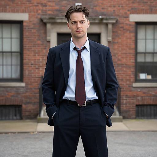 Photograph of a handsome man with short brown hair, wearing a black suit, white shirt, and maroon tie, standing confidently in front of a