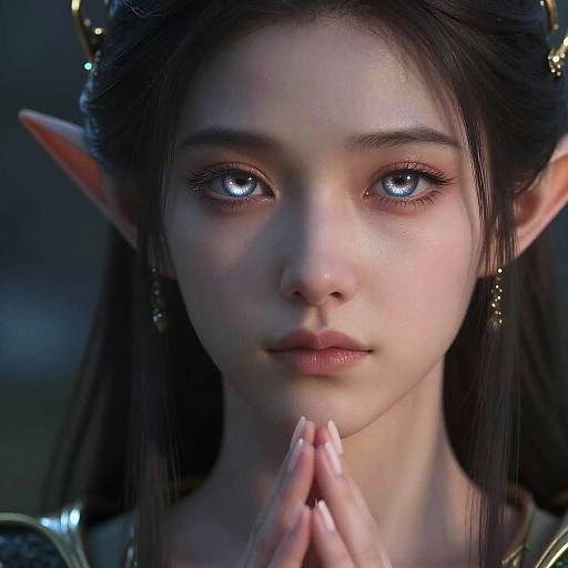 Close-up photograph of a young, fair-skinned, elf-like woman with large, glowing blue eyes, long dark hair, pointed ears, and delicate