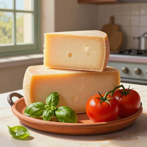 Photograph of stacked cheese wedges on a wooden tray with fresh basil and tomatoes, set in a sunlit kitchen.