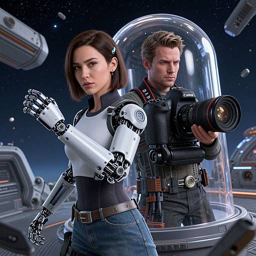 CGI image of a robot-woman in white top and denim, with cybernetic arms, and a rugged man with camera, in space station