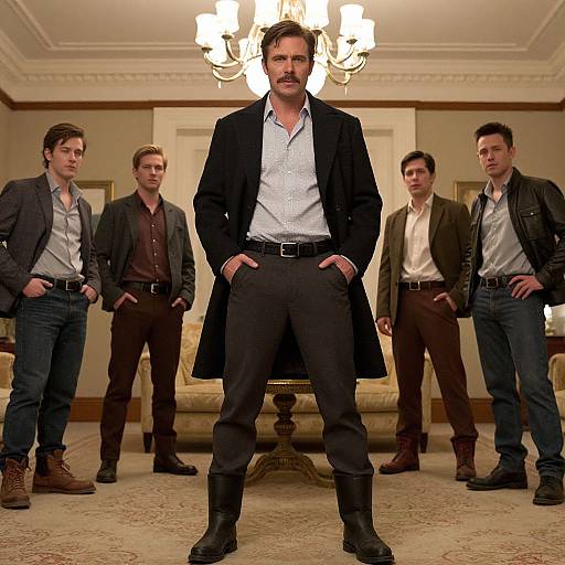 Photograph of six men in a luxurious room, centered man with dark coat, white shirt, black boots, standing confidently, others in casual attire,