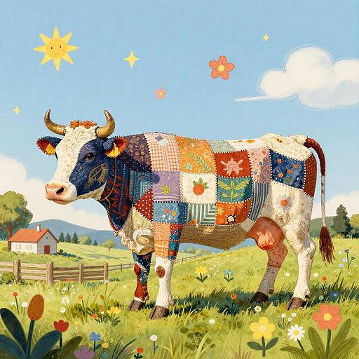 Pixel art of a patchwork cow standing in a vibrant, sunny meadow with colorful flowers, a wooden fence, and a distant farmhouse.