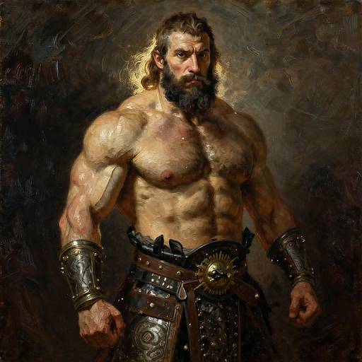 Digital painting of a muscular, bearded warrior with long brown hair, glowing halo, wearing metallic arm bracers and belt, dark background.