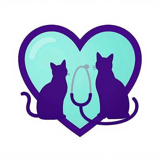 Digital illustration of two silhouetted purple cats with tails, sitting side by side within a light blue heart, sharing a stethoscope.