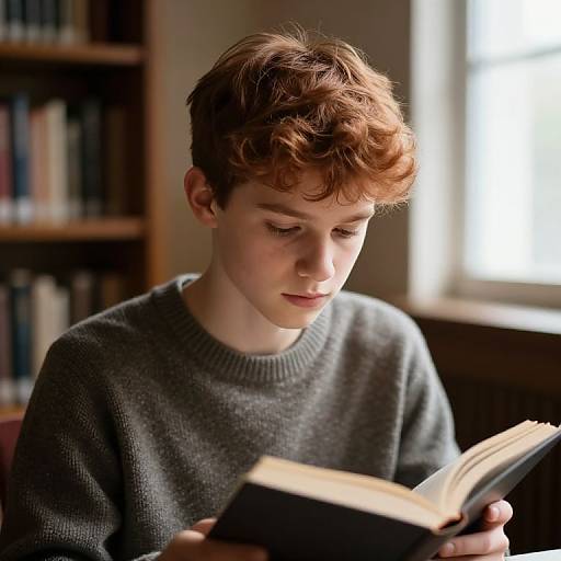 Photograph of a young boy with curly red hair, wearing a gray sweater, intently reading a book in a sunlit library.