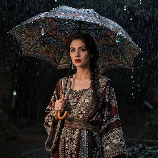 Photograph of a young woman with braided hair, wearing an intricately patterned, embroidered dress, holding a colorful, patterned umbrella in the