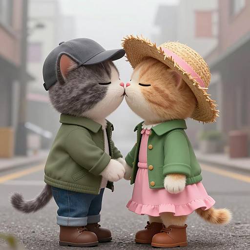 Romantic Cats Embracing in Urban Fog