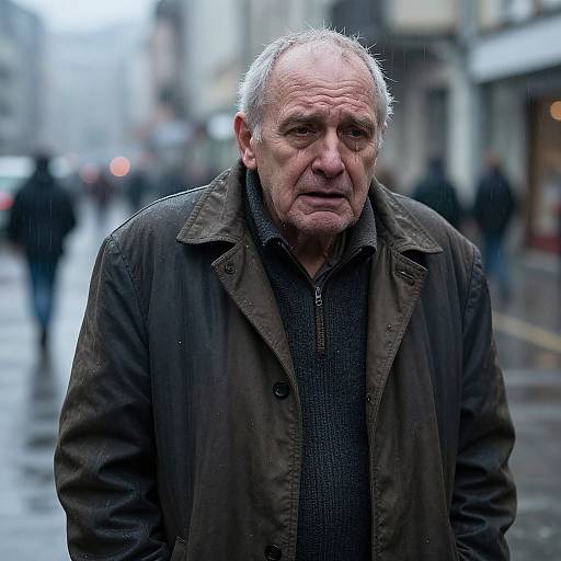 Photograph of an elderly white man with thinning gray hair, wearing a dark brown jacket and black sweater, standing on a wet, blurred city street