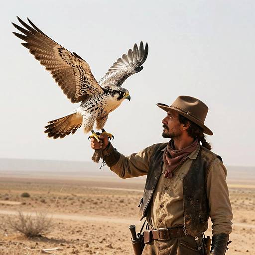 Outlaw with Prairie Falcon in Desert