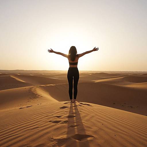 Silhouetted woman with outstretched arms stands on sand dune at sunset, casting long shadow, with rippled desert landscape behind.