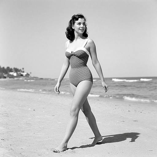 Black-and-white photograph of a smiling young woman with dark hair, wearing a textured one-piece swimsuit, walking on a sunlit beach with waves in