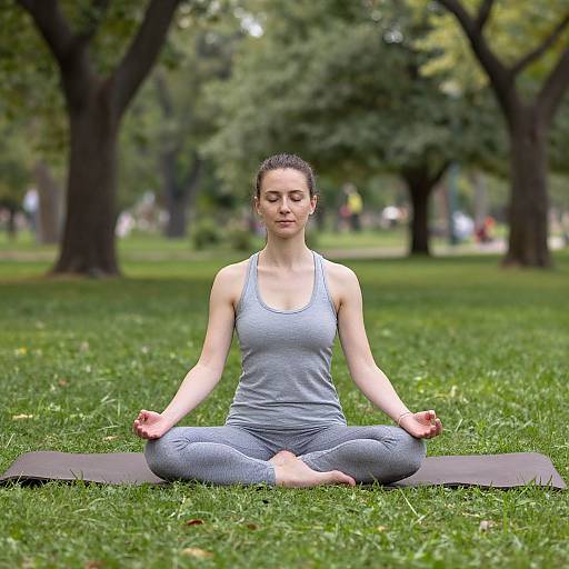 Photograph of a fair-skinned woman with dark hair in a bun, wearing a gray tank top and leggings, meditating in a park with trees