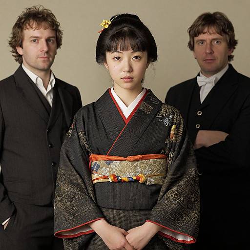 Photograph of an Asian woman in a black, intricately patterned kimono with red and gold obi, flanked by two Caucasian men in