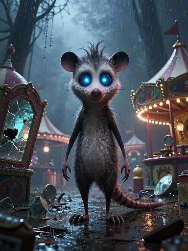 CGI image of a glowing-eyed, eerie, furry rat standing in a rainy, foggy carnival setting with broken glass and colorful, illuminated booths.