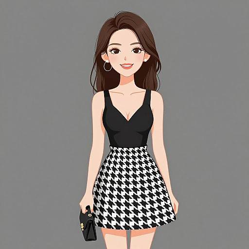 Chic Smiling Woman in Houndstooth Skirt