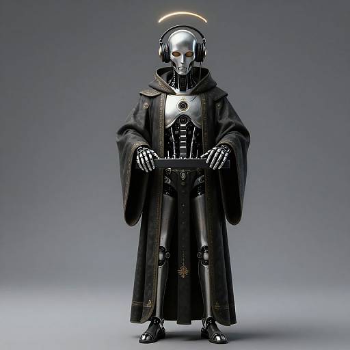Photograph of a robotic figure in a black hooded robe, with a glowing halo, skeletal face, and metallic hands, standing against a gradient gray