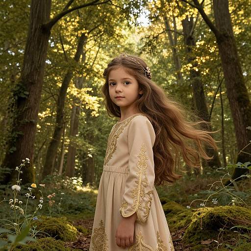 Enchanting Forest Maiden in Gold Embroidery