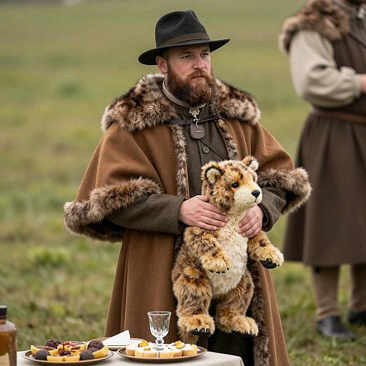Bearded Man in Fur Cloak Holding Toy