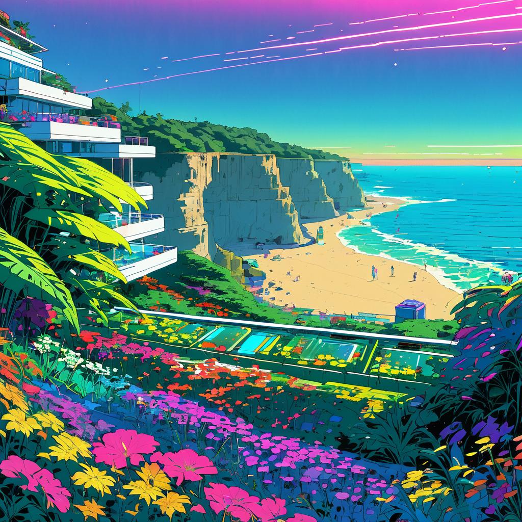 Vibrant Cyberpunk Oceanfront Bluffs